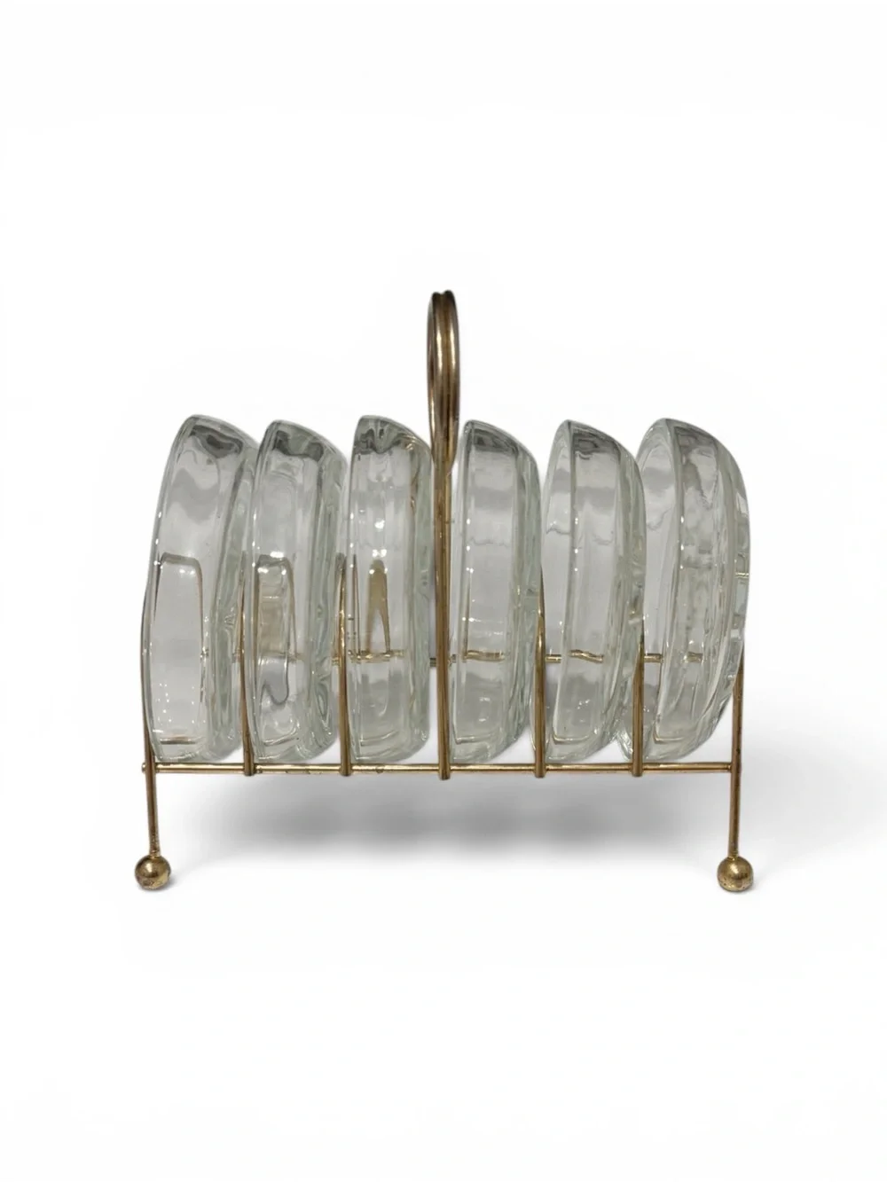 Vintage Mid‑Century Modern Glass Coasters & Brass Caddy – Fleur‑de‑Lis Set of 6